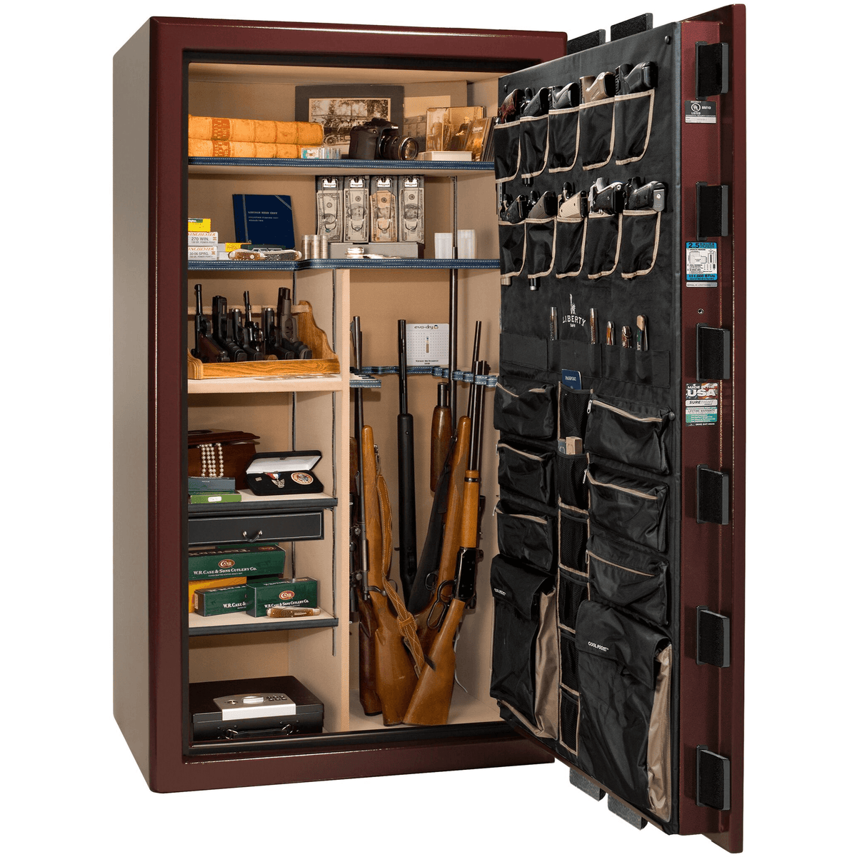 Presidential Series | Level 8 Security | 2.5 Hours Fire Protection | 50 | Dimensions: 72.5"(H) x 42.25"(W) x 27.75"(D*) | Burgundy Marble | Gold Hardware | Electronic Lock